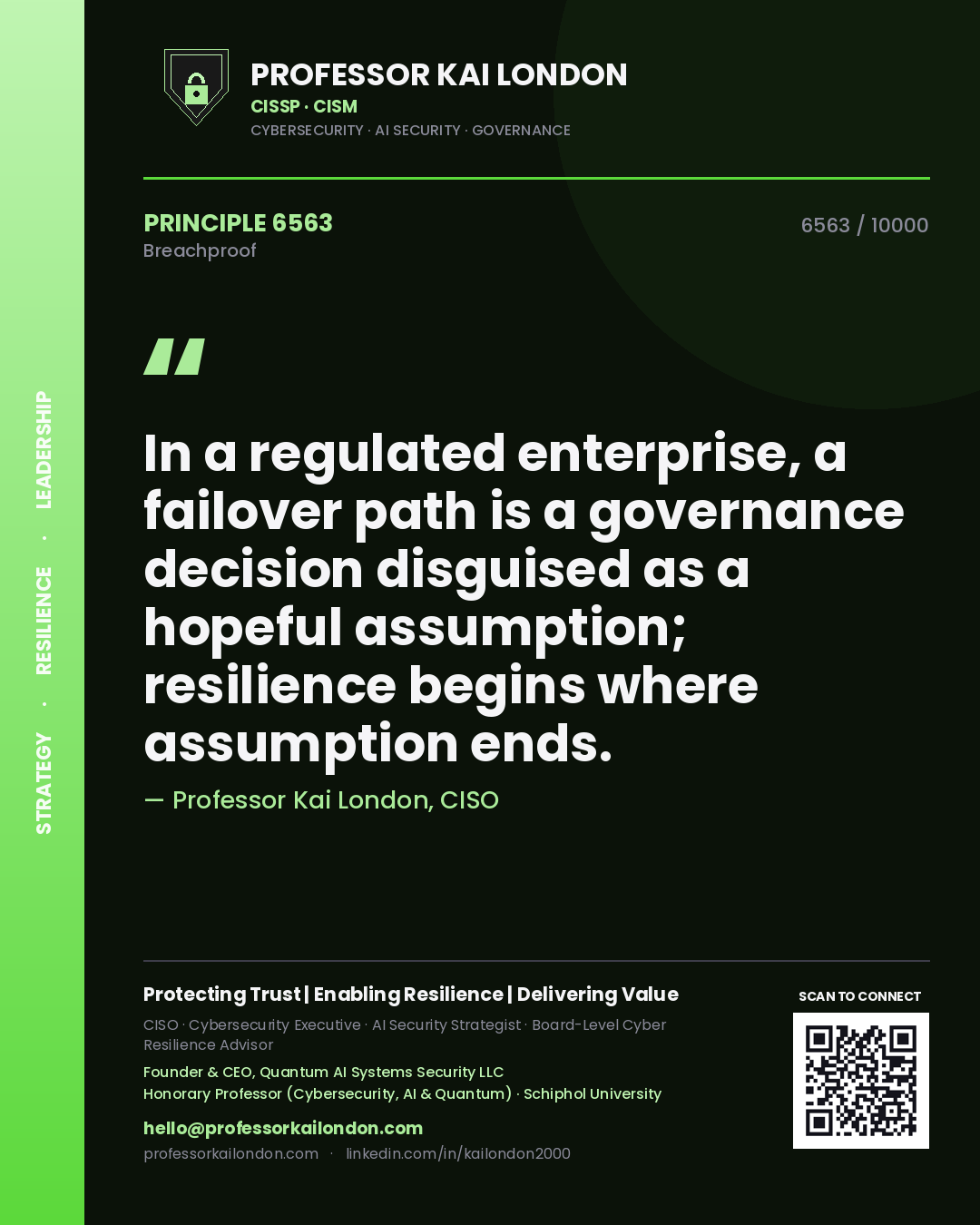 Quote card by Professor Kai London reading 'In a regulated enterprise, a failover path is a governance decision disguised as a hopeful assumption; resilience begins where assumption ends.'. From the book Breachproof.