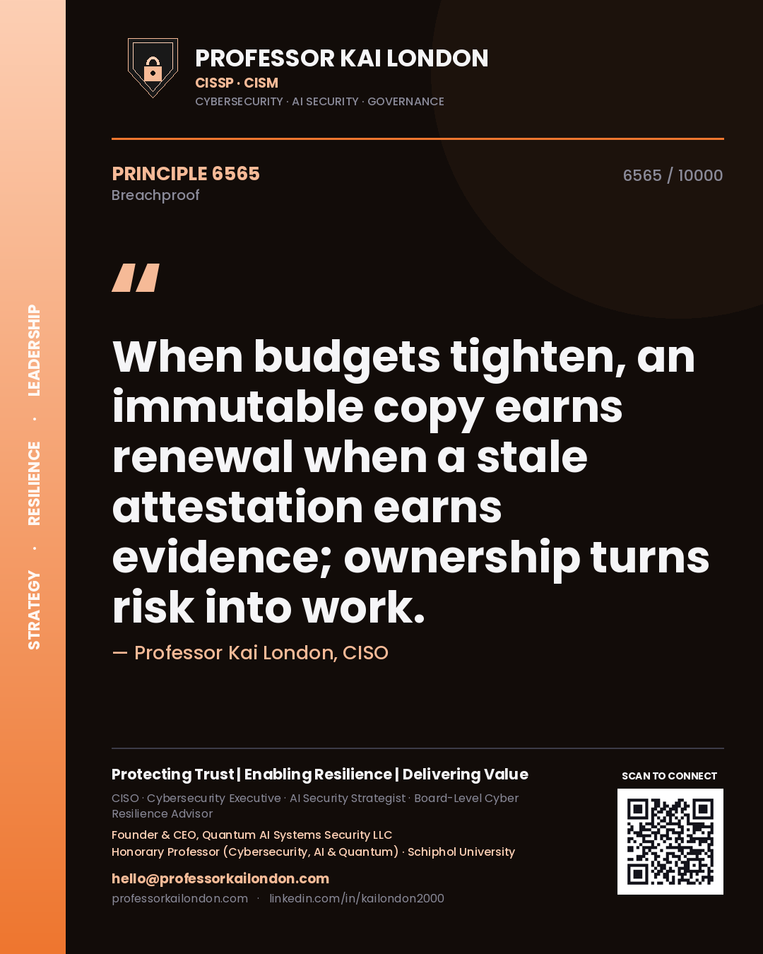 Professor Kai London principle 6565: When budgets tighten, an immutable copy earns renewal when a stale attestation earns evidence; ownership turns risk into work.