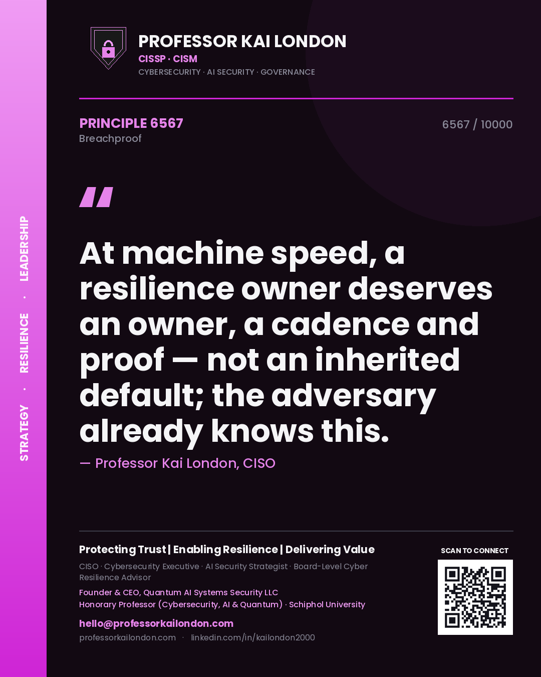 Quote card by Professor Kai London reading 'At machine speed, a resilience owner deserves an owner, a cadence and proof — not an inherited default; the adversary already knows this.'. From the book Breachproof.