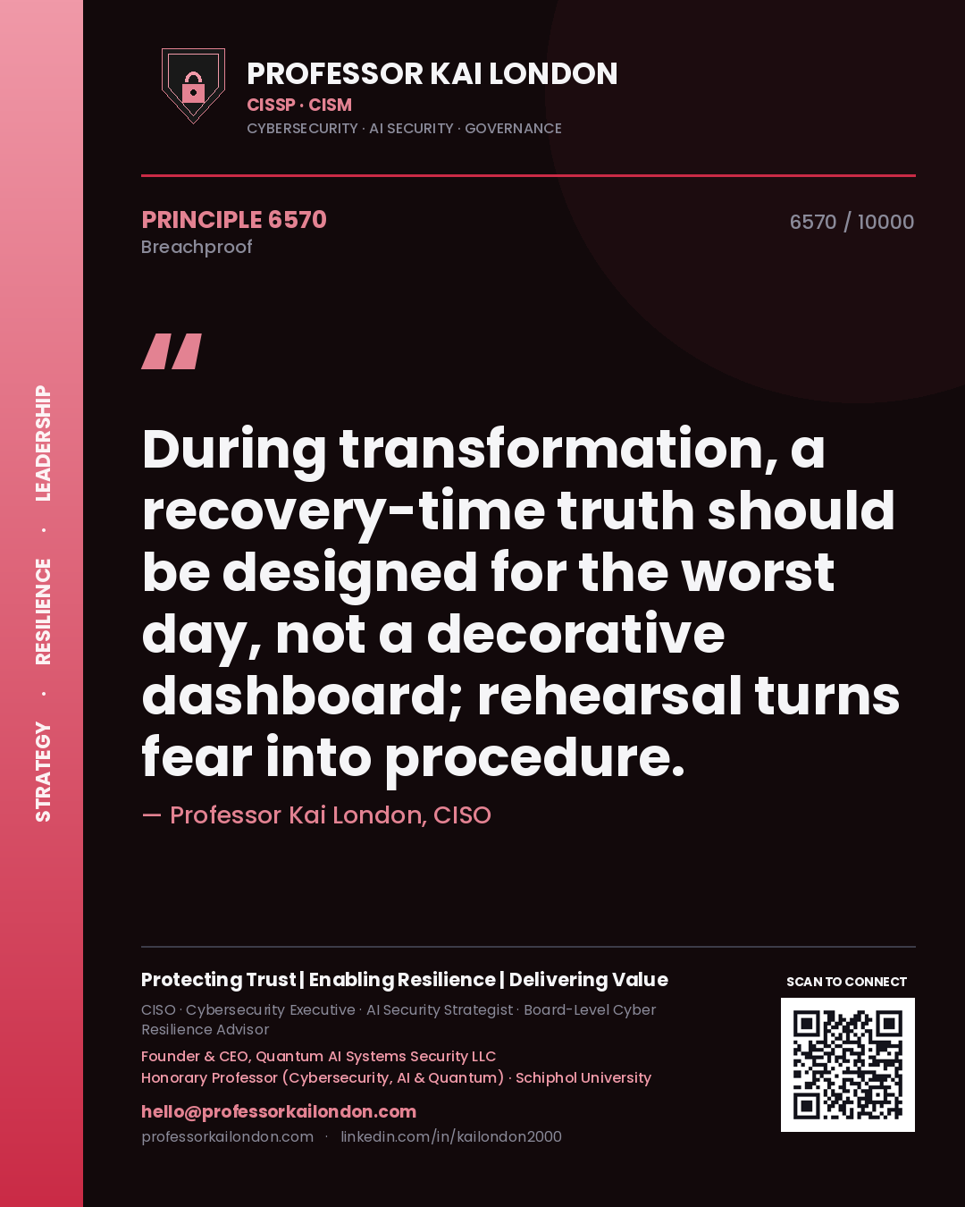 Professor Kai London principle 6570: During transformation, a recovery-time truth should be designed for the worst day, not a decorative dashboard; rehearsal turns fear into procedure.