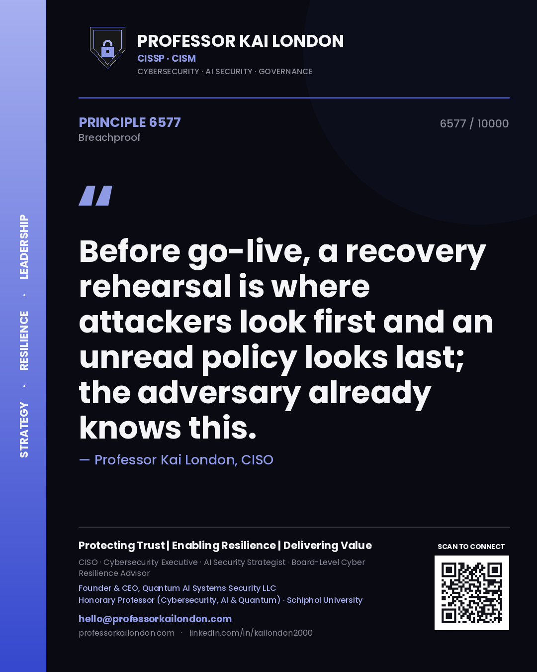 Professor Kai London principle 6577: Before go-live, a recovery rehearsal is where attackers look first and an unread policy looks last; the adversary already knows this.