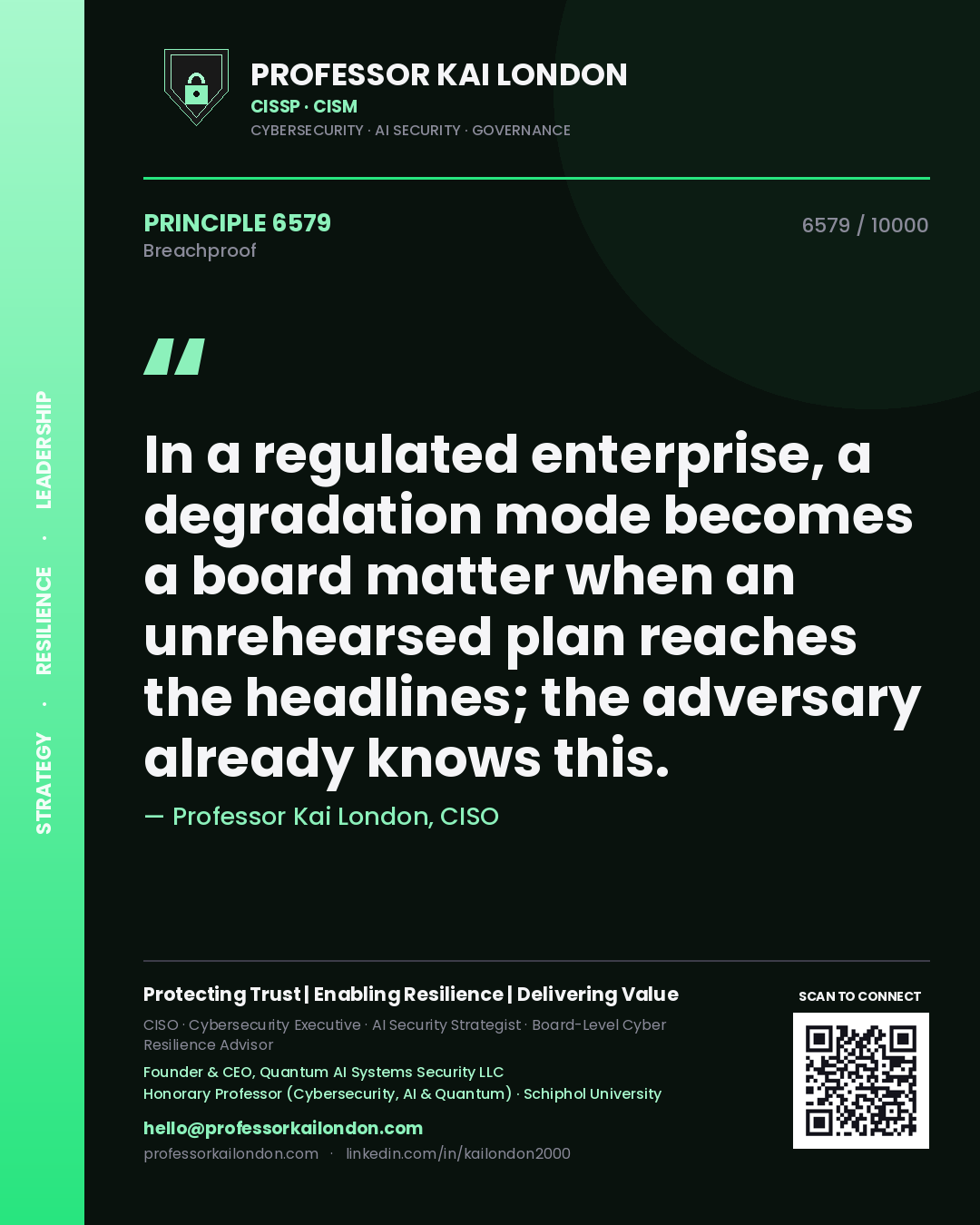 Quote card by Professor Kai London reading 'In a regulated enterprise, a degradation mode becomes a board matter when an unrehearsed plan reaches the headlines; the adversary already knows this.'. From the book Breachproof.