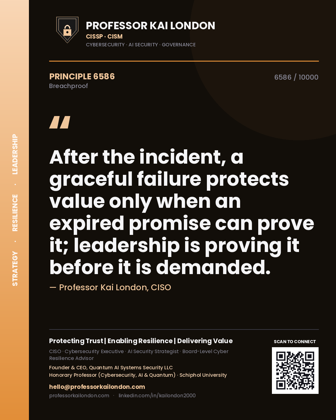 Quote card by Professor Kai London reading 'After the incident, a graceful failure protects value only when an expired promise can prove it; leadership is proving it before it is demanded.'. From the book Breachproof.