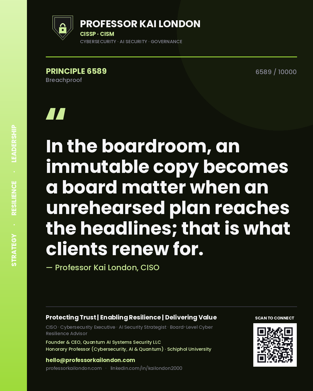 Professor Kai London principle 6589: In the boardroom, an immutable copy becomes a board matter when an unrehearsed plan reaches the headlines; that is what clients renew for.