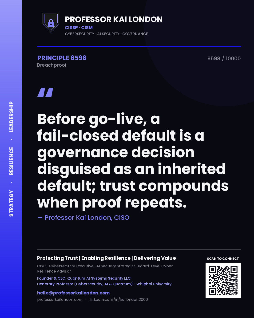 Quote card by Professor Kai London reading 'Before go-live, a fail-closed default is a governance decision disguised as an inherited default; trust compounds when proof repeats.'. From the book Breachproof.