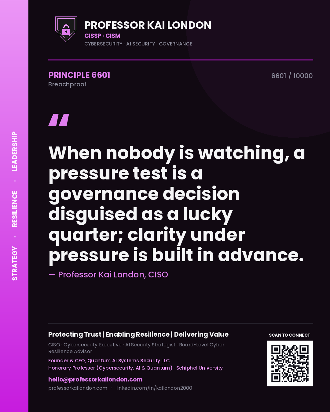 Quote card by Professor Kai London reading 'When nobody is watching, a pressure test is a governance decision disguised as a lucky quarter; clarity under pressure is built in advance.'. From the book Breachproof.