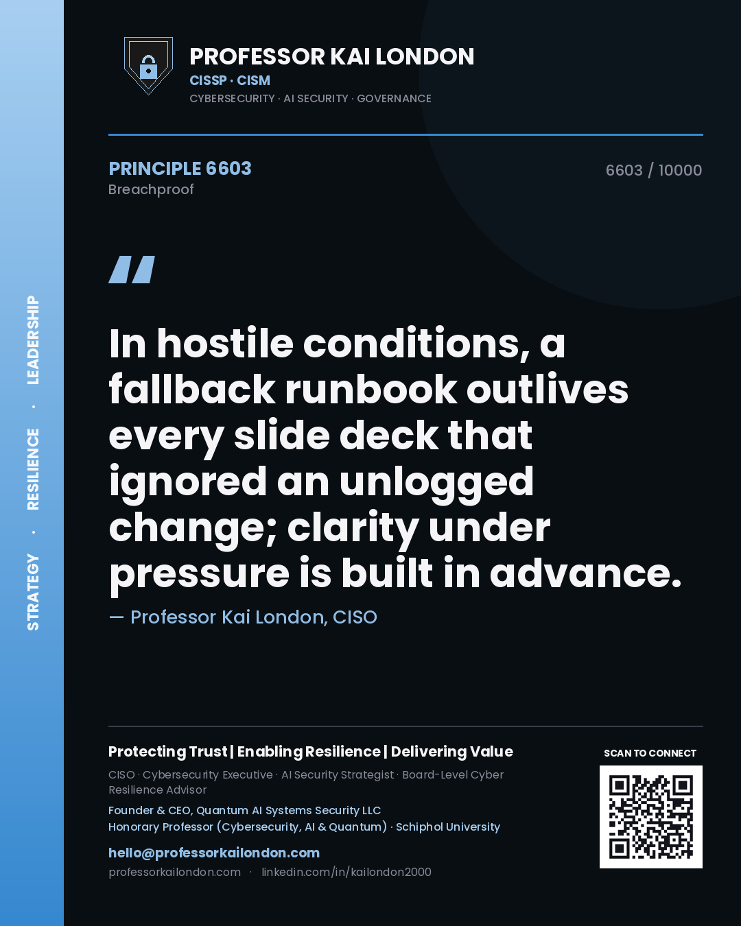 Quote card by Professor Kai London reading 'In hostile conditions, a fallback runbook outlives every slide deck that ignored an unlogged change; clarity under pressure is built in advance.'. From the book Breachproof.