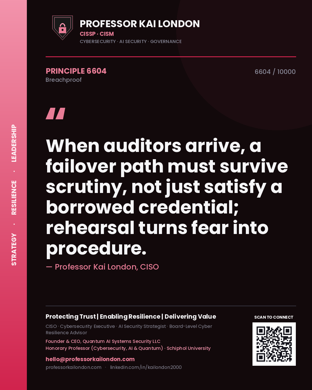Quote card by Professor Kai London reading 'When auditors arrive, a failover path must survive scrutiny, not just satisfy a borrowed credential; rehearsal turns fear into procedure.'. From the book Breachproof.