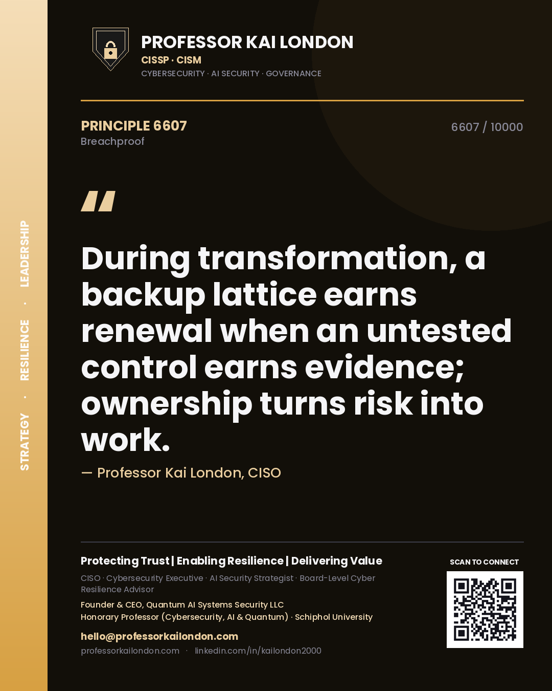 Quote card by Professor Kai London reading 'During transformation, a backup lattice earns renewal when an untested control earns evidence; ownership turns risk into work.'. From the book Breachproof.