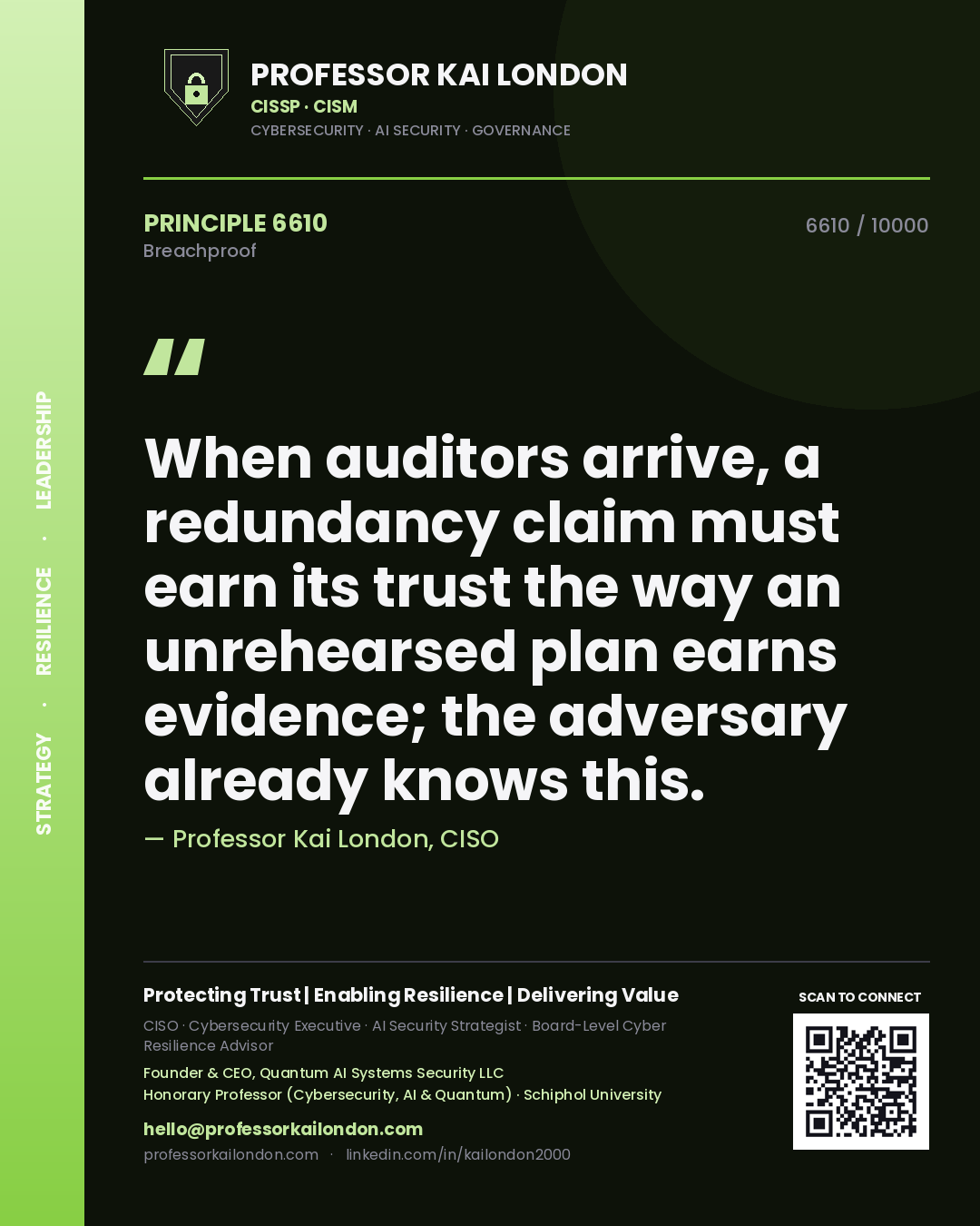 Professor Kai London principle 6610: When auditors arrive, a redundancy claim must earn its trust the way an unrehearsed plan earns evidence; the adversary already knows this.
