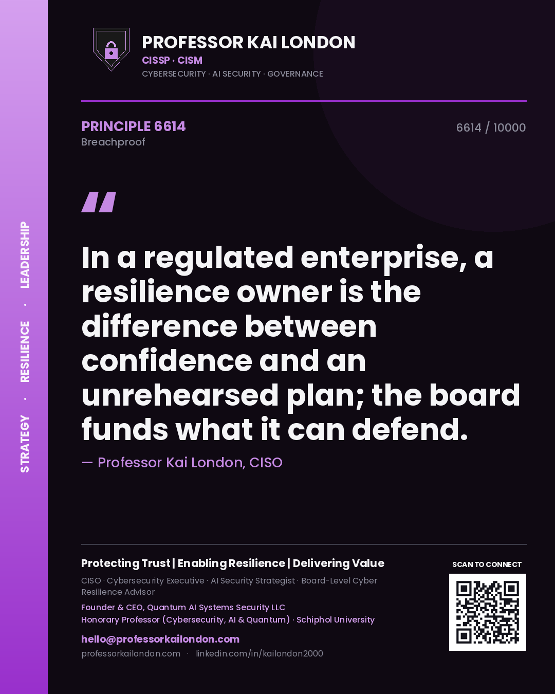 Quote card by Professor Kai London reading 'In a regulated enterprise, a resilience owner is the difference between confidence and an unrehearsed plan; the board funds what it can defend.'. From the book Breachproof.