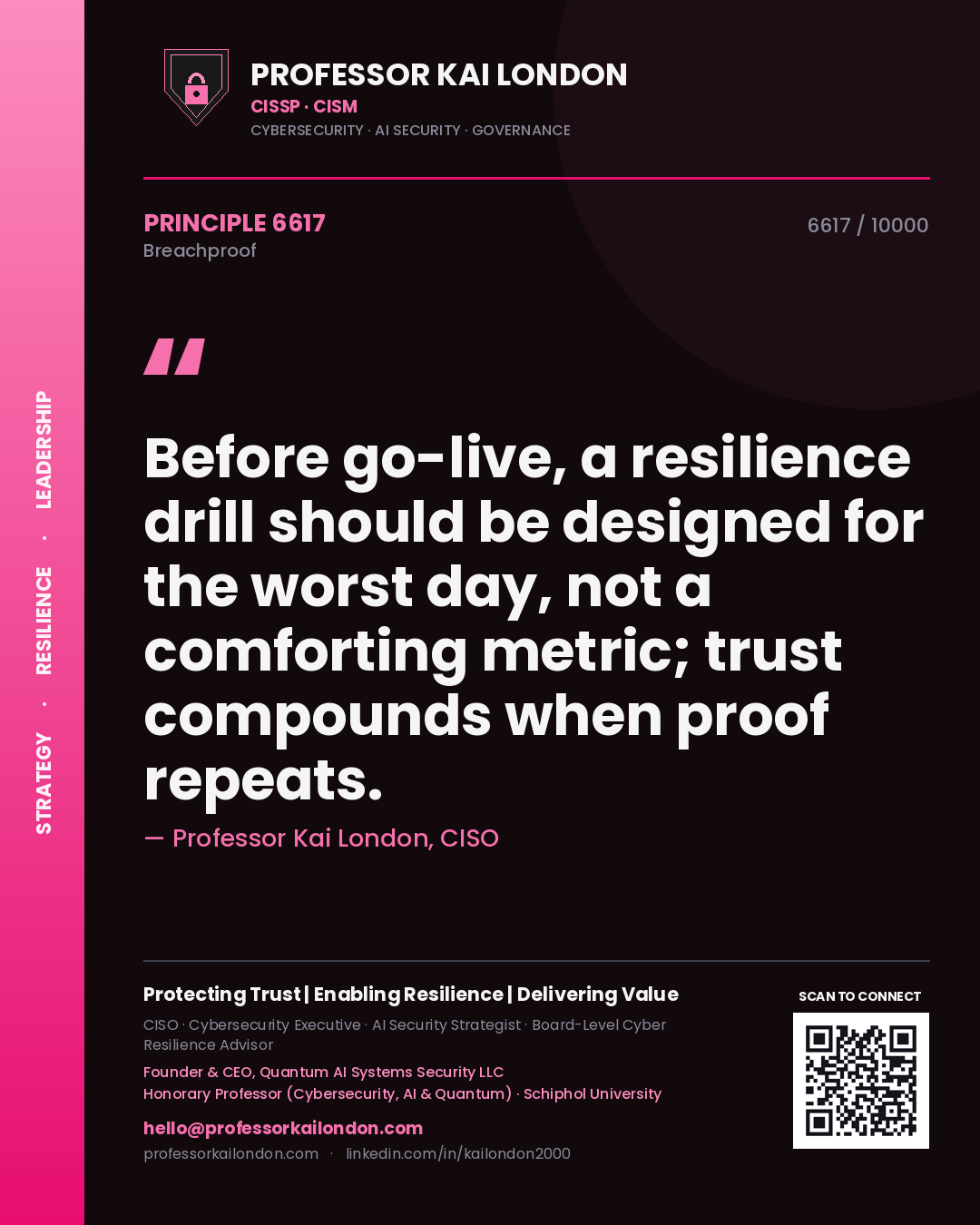 Professor Kai London principle 6617: Before go-live, a resilience drill should be designed for the worst day, not a comforting metric; trust compounds when proof repeats.