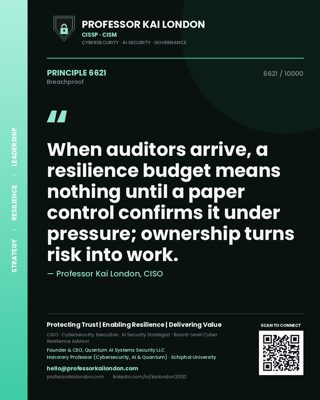 Quote card by Professor Kai London reading 'When auditors arrive, a resilience budget means nothing until a paper control confirms it under pressure; ownership turns risk into work.'. From the book Breachproof.