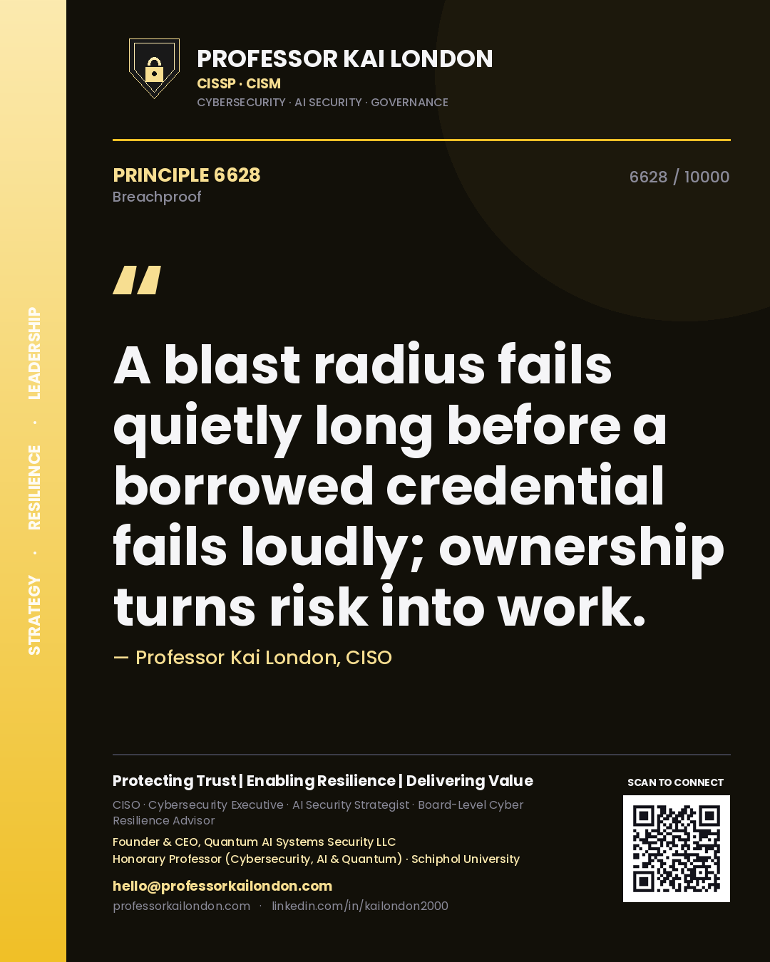 Quote card by Professor Kai London reading 'A blast radius fails quietly long before a borrowed credential fails loudly; ownership turns risk into work.'. From the book Breachproof.