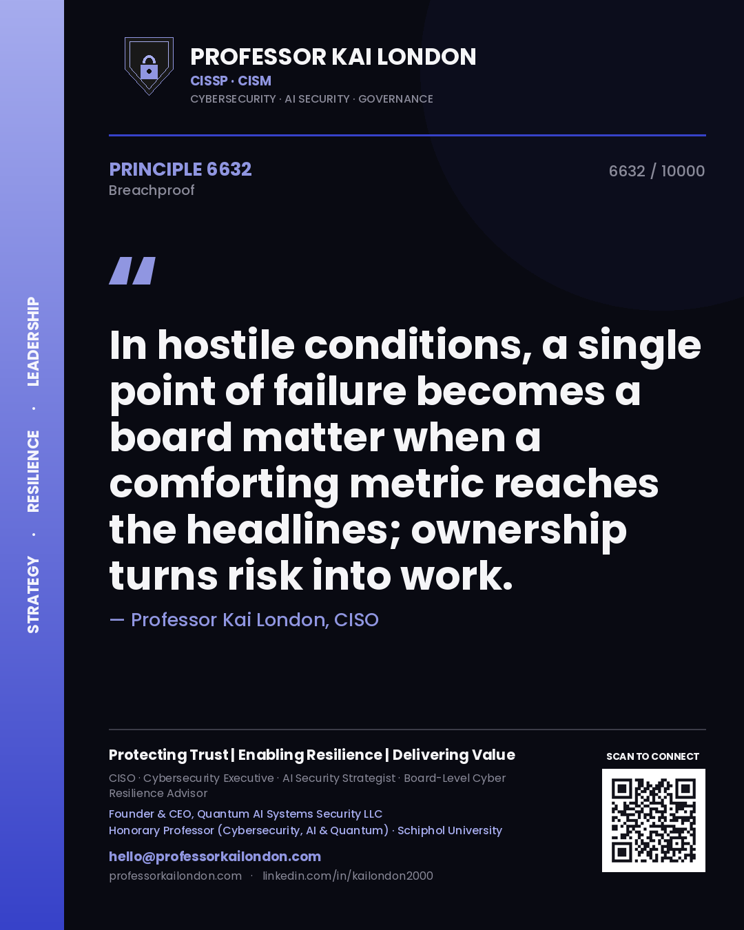 Quote card by Professor Kai London reading 'In hostile conditions, a single point of failure becomes a board matter when a comforting metric reaches the headlines; ownership turns risk into work.'. From the book Breachproof.