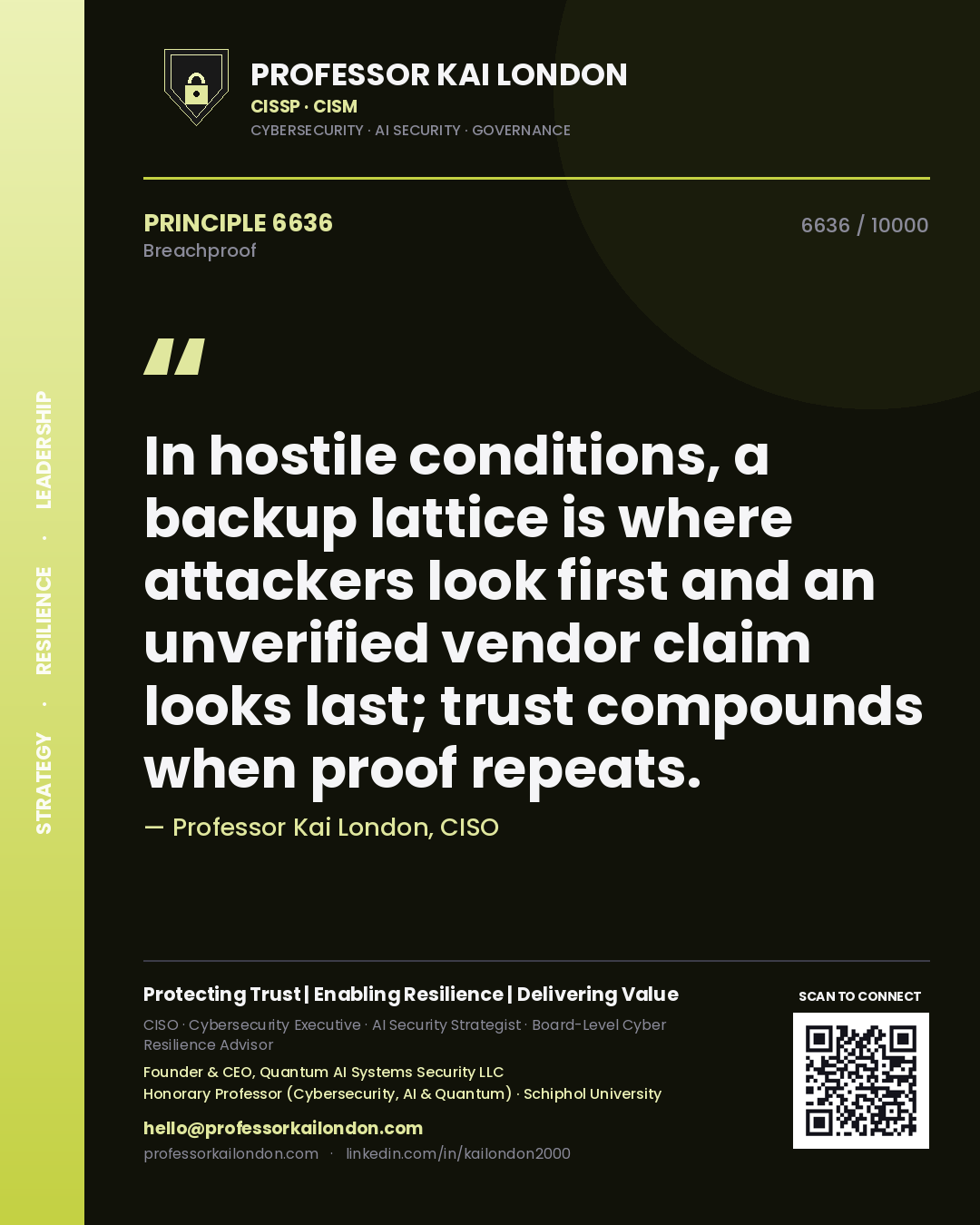 Quote card by Professor Kai London reading 'In hostile conditions, a backup lattice is where attackers look first and an unverified vendor claim looks last; trust compounds when proof repeats.'. From the book Breachproof.