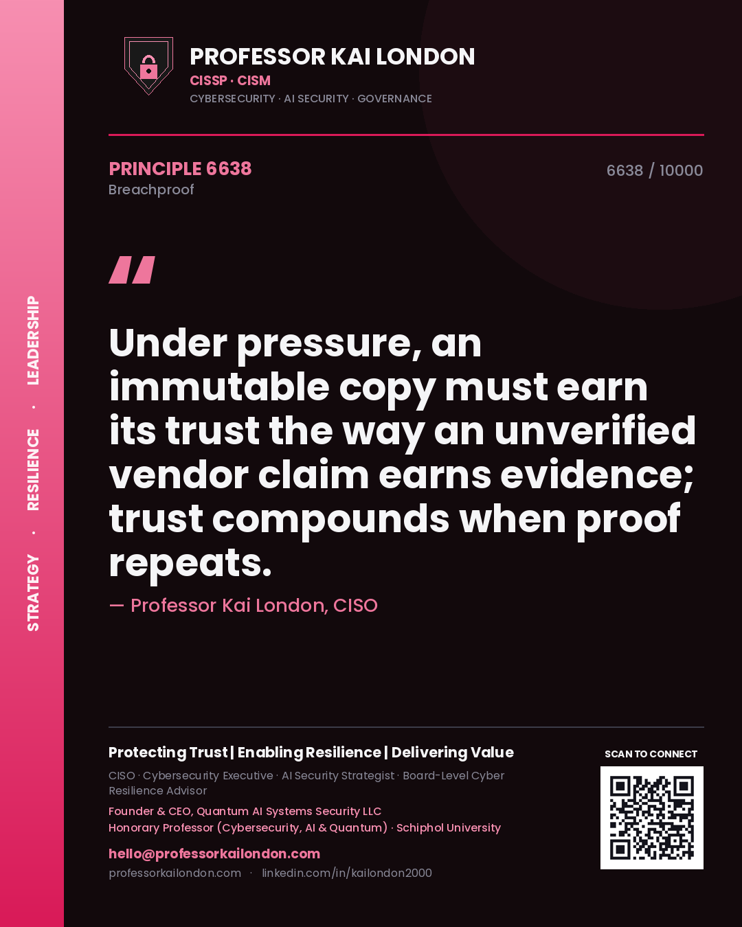 Professor Kai London principle 6638: Under pressure, an immutable copy must earn its trust the way an unverified vendor claim earns evidence; trust compounds when proof repeats.