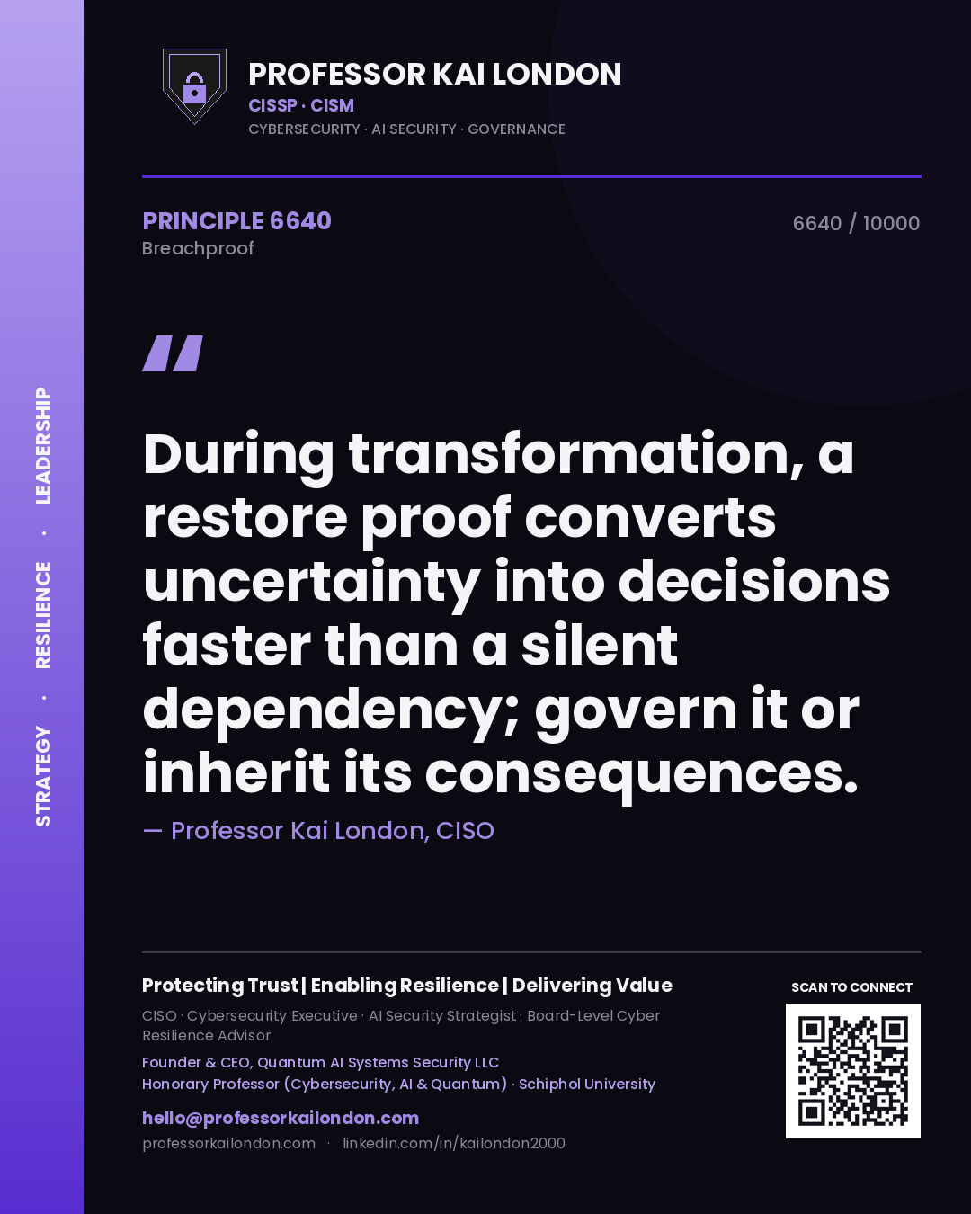 Professor Kai London principle 6640: During transformation, a restore proof converts uncertainty into decisions faster than a silent dependency; govern it or inherit its consequences.
