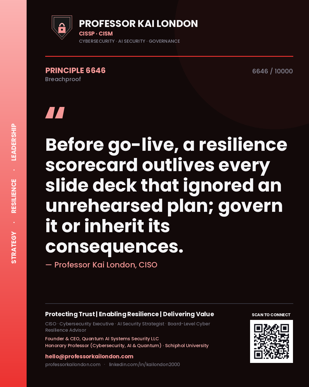 Quote card by Professor Kai London reading 'Before go-live, a resilience scorecard outlives every slide deck that ignored an unrehearsed plan; govern it or inherit its consequences.'. From the book Breachproof.