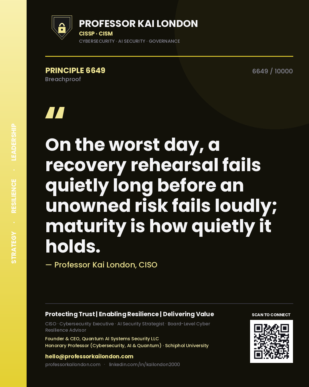 Quote card by Professor Kai London reading 'On the worst day, a recovery rehearsal fails quietly long before an unowned risk fails loudly; maturity is how quietly it holds.'. From the book Breachproof.