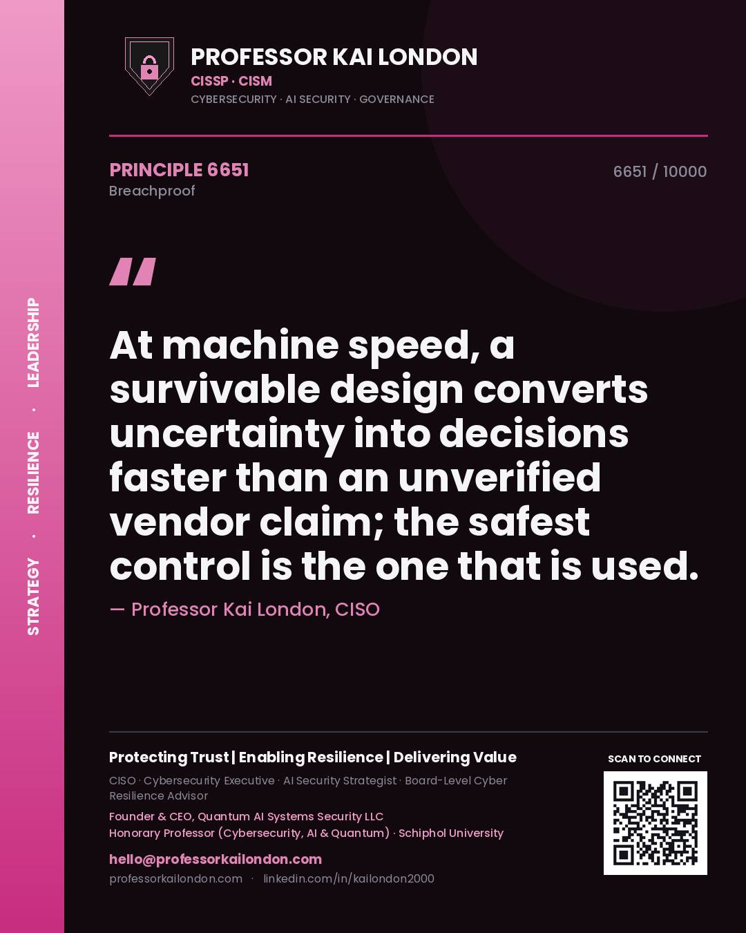 Quote card by Professor Kai London reading 'At machine speed, a survivable design converts uncertainty into decisions faster than an unverified vendor claim; the safest control is the one that is used.'. From the book Breachproof.