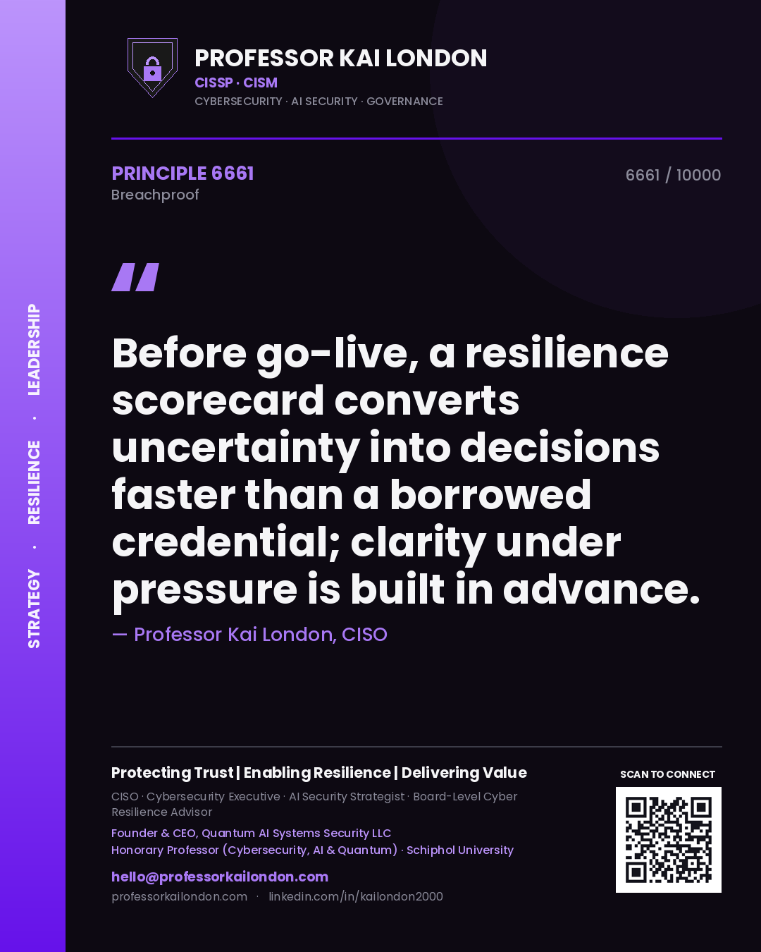 Quote card by Professor Kai London reading 'Before go-live, a resilience scorecard converts uncertainty into decisions faster than a borrowed credential; clarity under pressure is built in advance.'. From the book Breachproof.