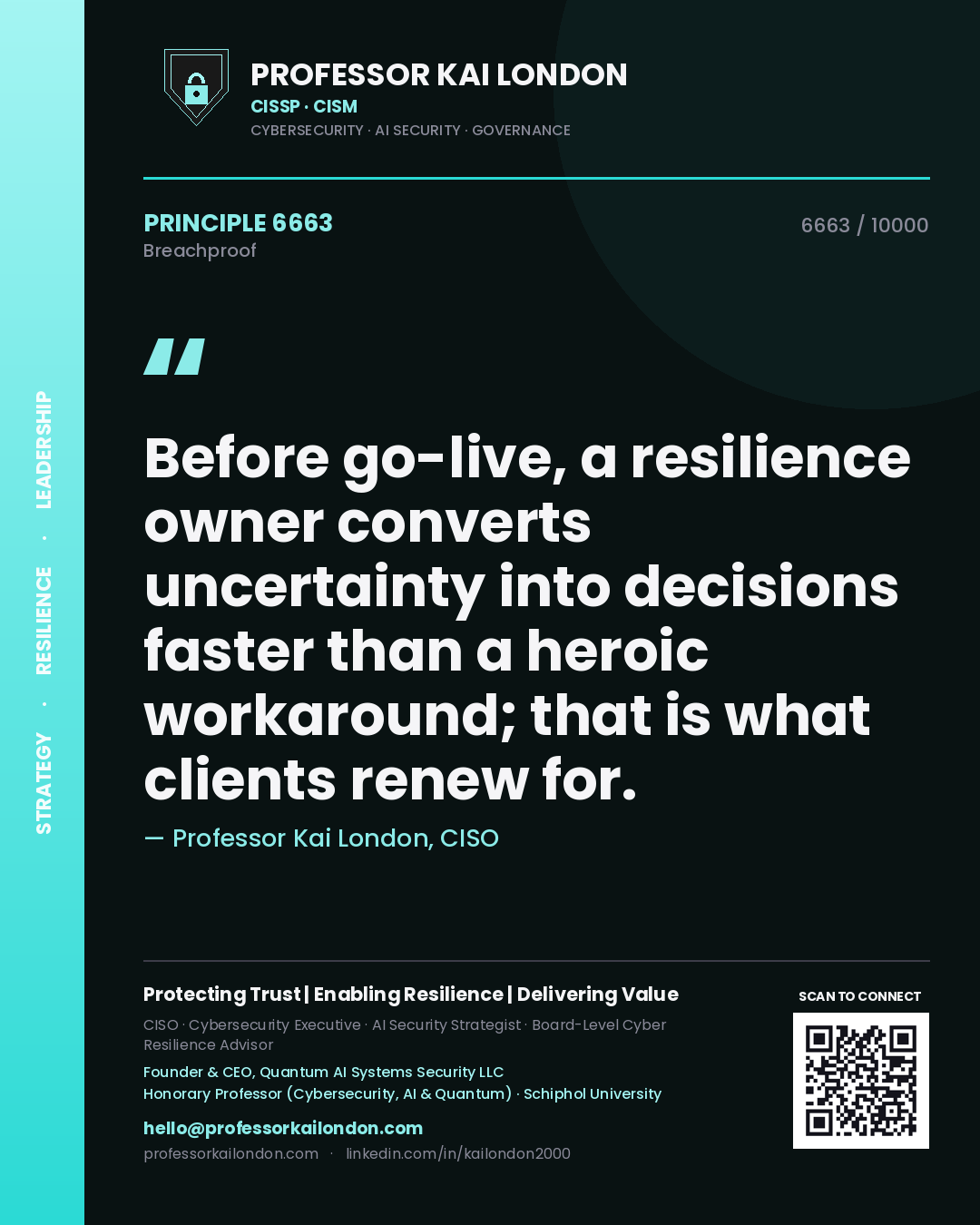 Quote card by Professor Kai London reading 'Before go-live, a resilience owner converts uncertainty into decisions faster than a heroic workaround; that is what clients renew for.'. From the book Breachproof.