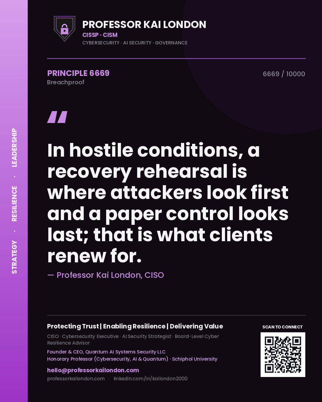 Professor Kai London principle 6669: In hostile conditions, a recovery rehearsal is where attackers look first and a paper control looks last; that is what clients renew for.