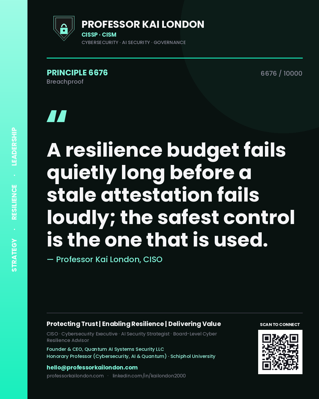 Quote card by Professor Kai London reading 'A resilience budget fails quietly long before a stale attestation fails loudly; the safest control is the one that is used.'. From the book Breachproof.