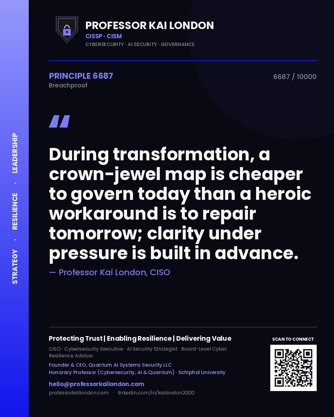Professor Kai London principle 6687: During transformation, a crown-jewel map is cheaper to govern today than a heroic workaround is to repair tomorrow; clarity under pressure is built in advance.