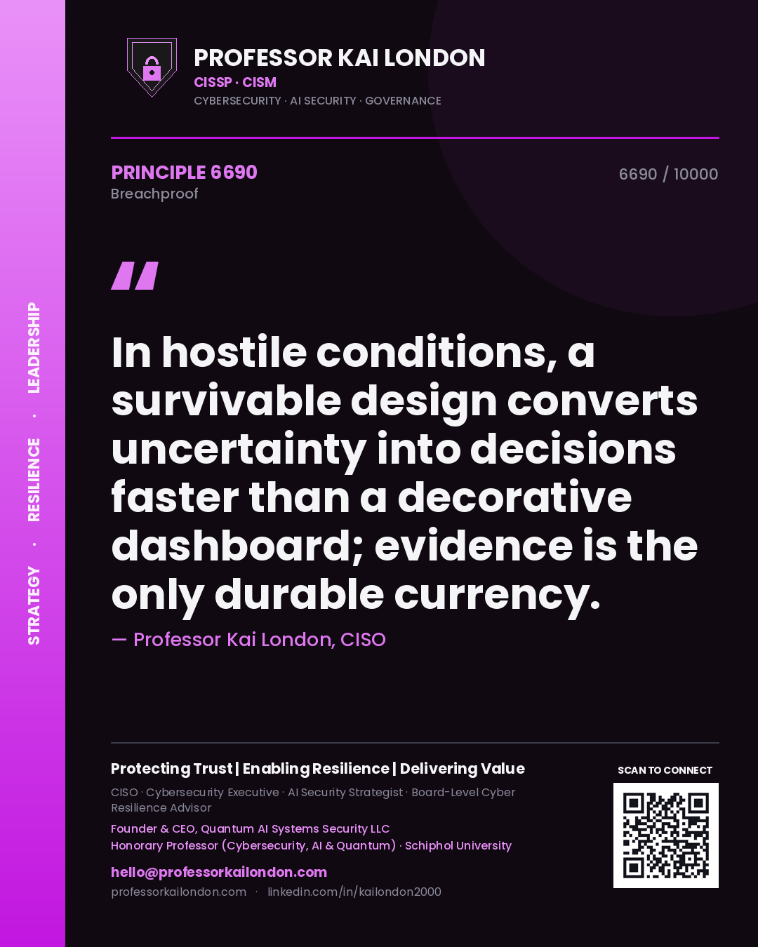 Quote card by Professor Kai London reading 'In hostile conditions, a survivable design converts uncertainty into decisions faster than a decorative dashboard; evidence is the only durable currency.'. From the book Breachproof.