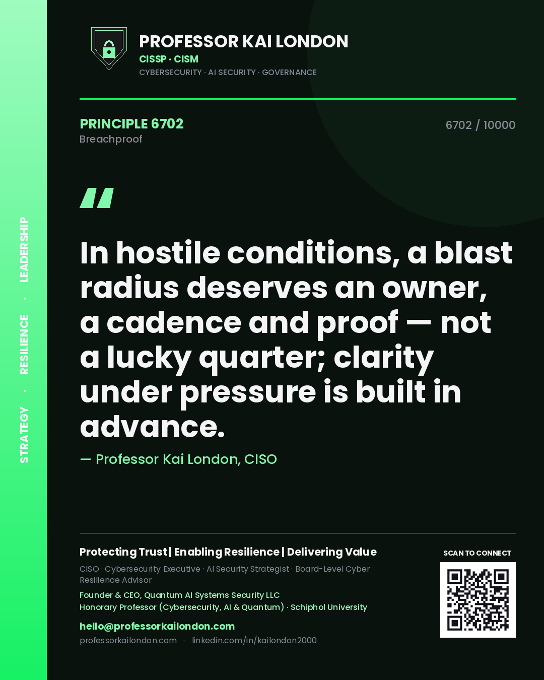 Professor Kai London principle 6702: In hostile conditions, a blast radius deserves an owner, a cadence and proof — not a lucky quarter; clarity under pressure is built in advance.