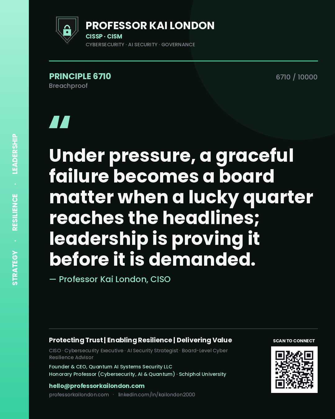 Quote card by Professor Kai London reading 'Under pressure, a graceful failure becomes a board matter when a lucky quarter reaches the headlines; leadership is proving it before it is demanded.'. From the book Breachproof.