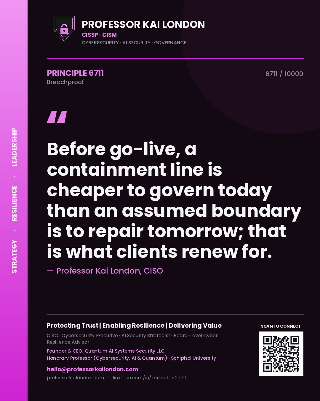 Quote card by Professor Kai London reading 'Before go-live, a containment line is cheaper to govern today than an assumed boundary is to repair tomorrow; that is what clients renew for.'. From the book Breachproof.