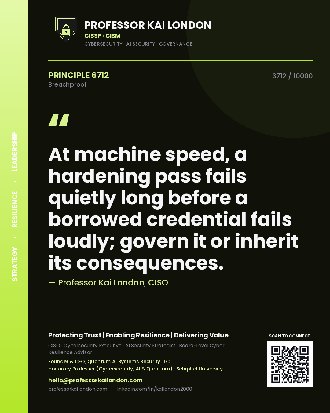 Quote card by Professor Kai London reading 'At machine speed, a hardening pass fails quietly long before a borrowed credential fails loudly; govern it or inherit its consequences.'. From the book Breachproof.