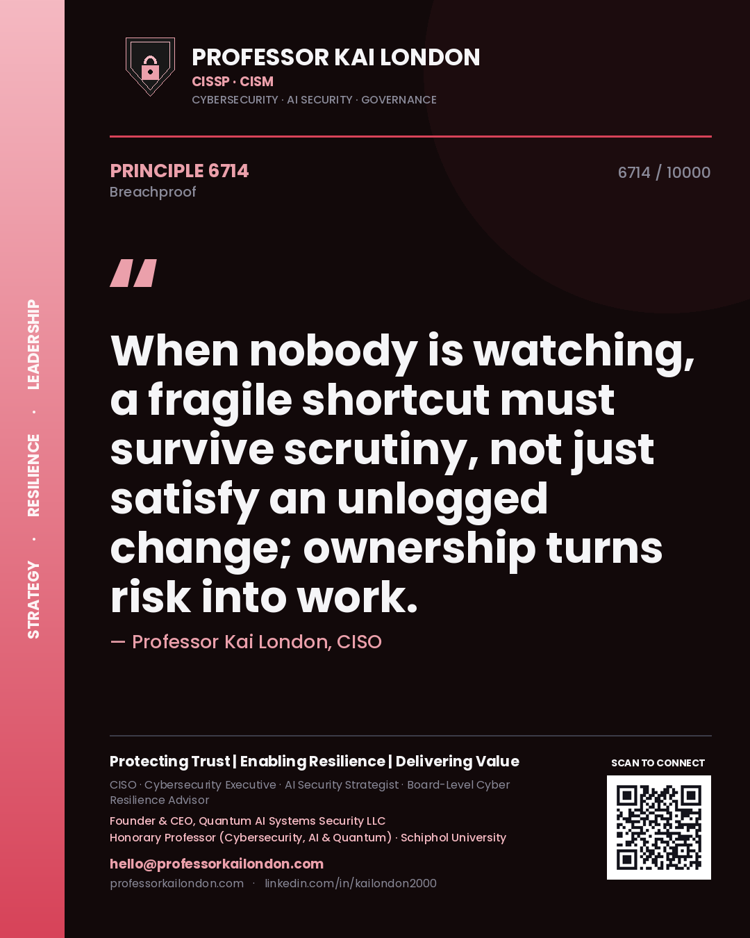 Quote card by Professor Kai London reading 'When nobody is watching, a fragile shortcut must survive scrutiny, not just satisfy an unlogged change; ownership turns risk into work.'. From the book Breachproof.