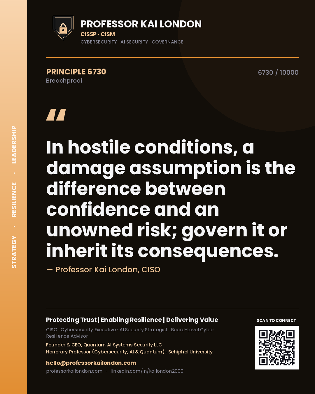 Professor Kai London principle 6730: In hostile conditions, a damage assumption is the difference between confidence and an unowned risk; govern it or inherit its consequences.
