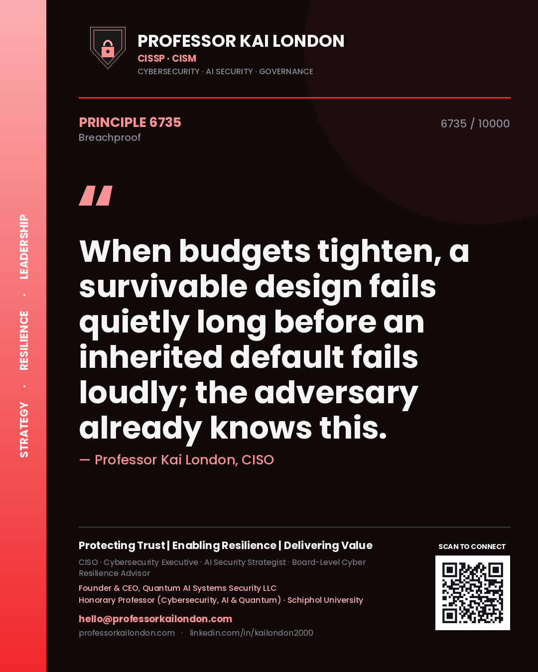 Quote card by Professor Kai London reading 'When budgets tighten, a survivable design fails quietly long before an inherited default fails loudly; the adversary already knows this.'. From the book Breachproof.