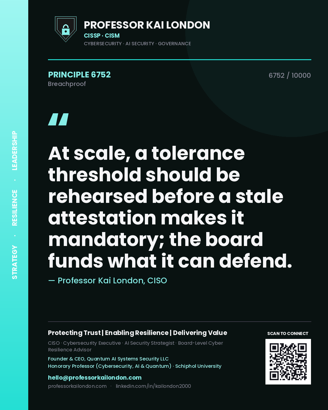 Quote card by Professor Kai London reading 'At scale, a tolerance threshold should be rehearsed before a stale attestation makes it mandatory; the board funds what it can defend.'. From the book Breachproof.
