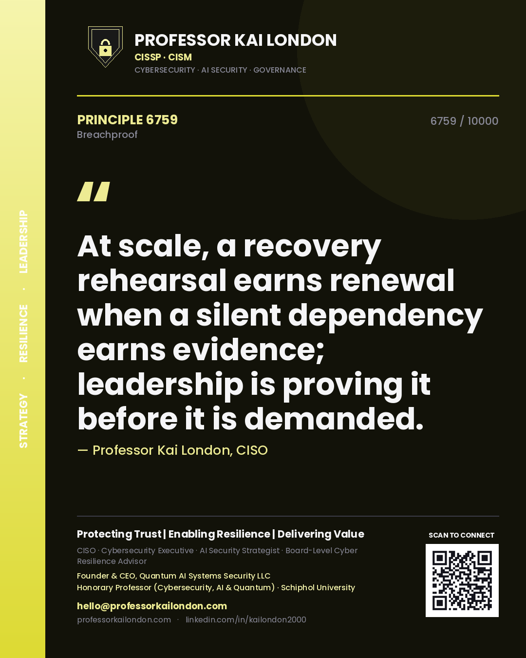 Quote card by Professor Kai London reading 'At scale, a recovery rehearsal earns renewal when a silent dependency earns evidence; leadership is proving it before it is demanded.'. From the book Breachproof.