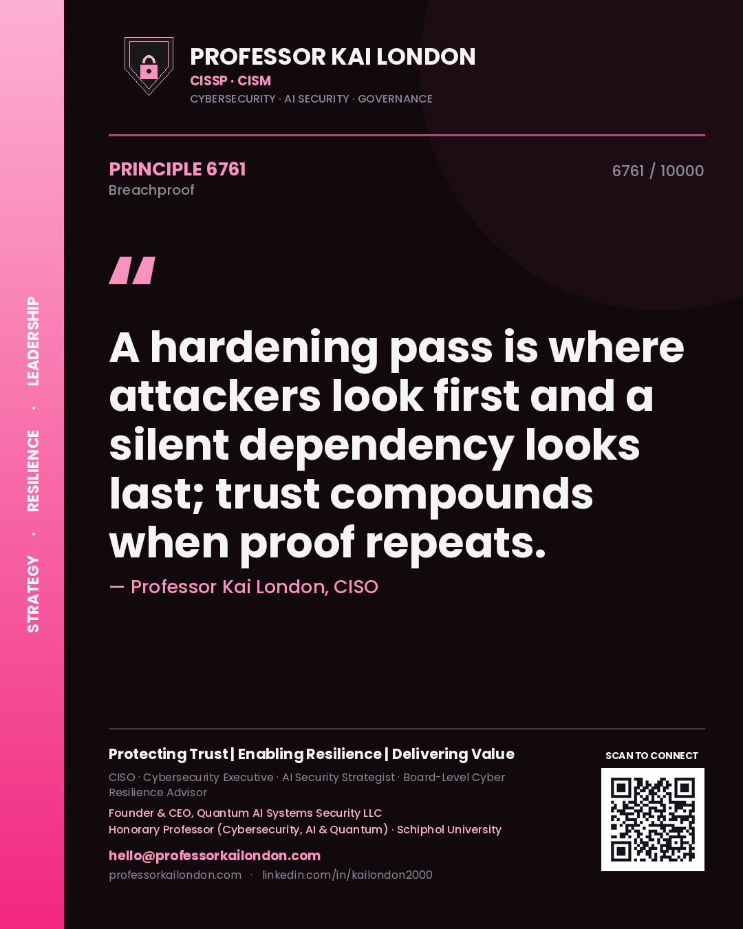 Professor Kai London principle 6761: A hardening pass is where attackers look first and a silent dependency looks last; trust compounds when proof repeats.