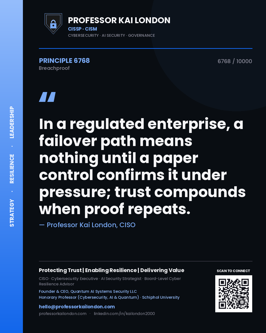 Quote card by Professor Kai London reading 'In a regulated enterprise, a failover path means nothing until a paper control confirms it under pressure; trust compounds when proof repeats.'. From the book Breachproof.