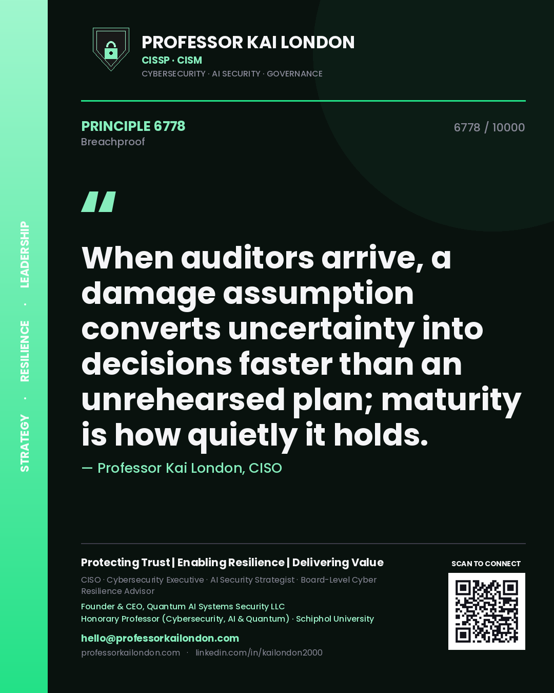 Quote card by Professor Kai London reading 'When auditors arrive, a damage assumption converts uncertainty into decisions faster than an unrehearsed plan; maturity is how quietly it holds.'. From the book Breachproof.