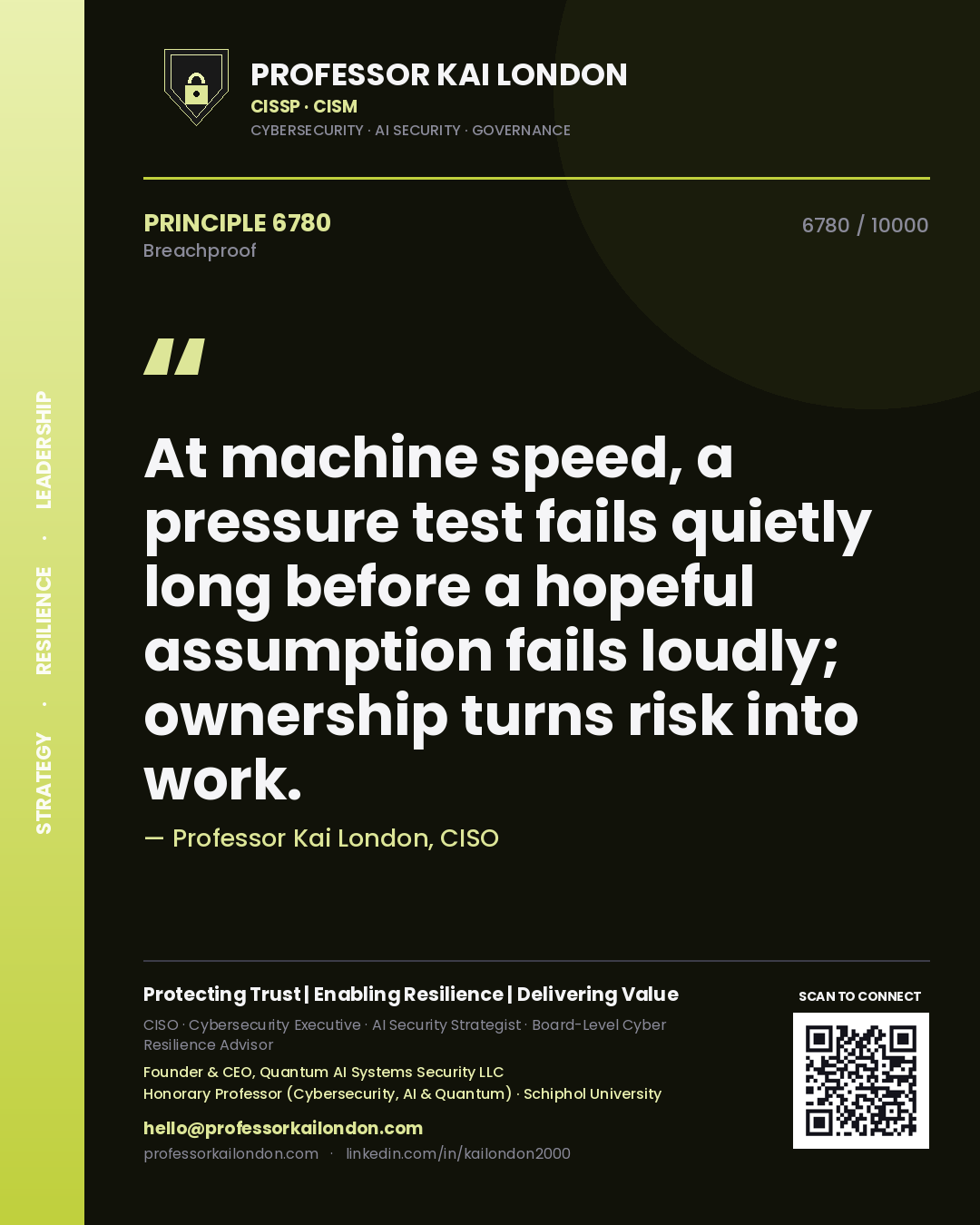 Professor Kai London principle 6780: At machine speed, a pressure test fails quietly long before a hopeful assumption fails loudly; ownership turns risk into work.