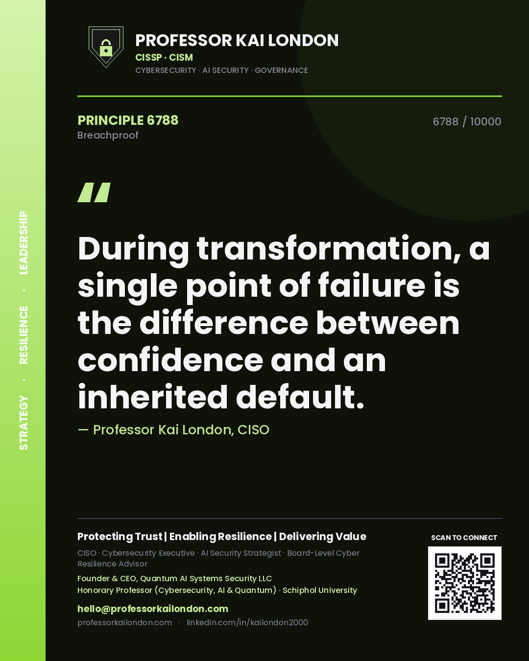 Professor Kai London principle 6788: During transformation, a single point of failure is the difference between confidence and an inherited default.