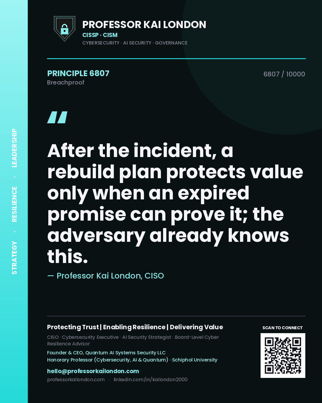 Quote card by Professor Kai London reading 'After the incident, a rebuild plan protects value only when an expired promise can prove it; the adversary already knows this.'. From the book Breachproof.