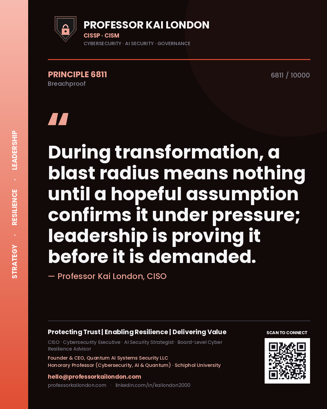 Quote card by Professor Kai London reading 'During transformation, a blast radius means nothing until a hopeful assumption confirms it under pressure; leadership is proving it before it is demanded.'. From the book Breachproof.