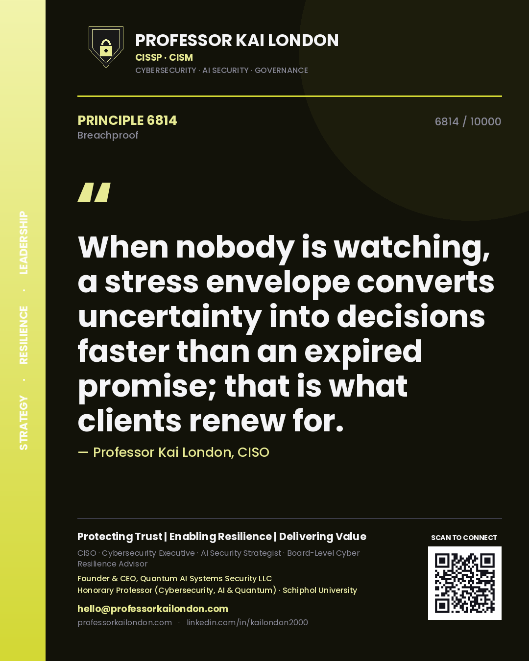 Quote card by Professor Kai London reading 'When nobody is watching, a stress envelope converts uncertainty into decisions faster than an expired promise; that is what clients renew for.'. From the book Breachproof.