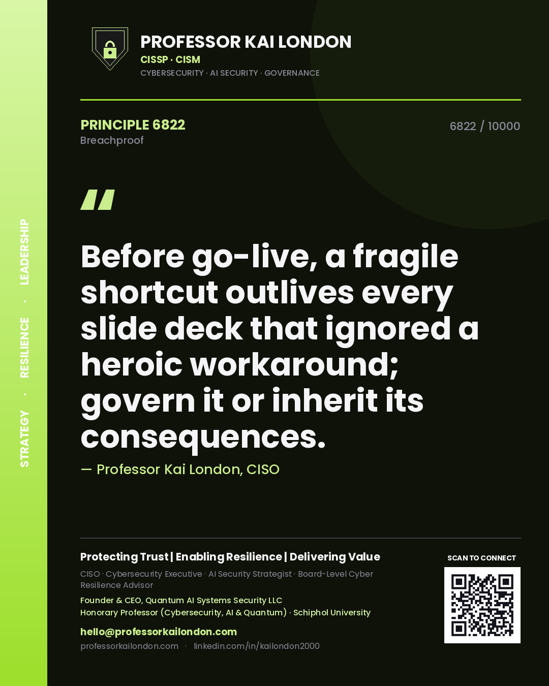 Quote card by Professor Kai London reading 'Before go-live, a fragile shortcut outlives every slide deck that ignored a heroic workaround; govern it or inherit its consequences.'. From the book Breachproof.