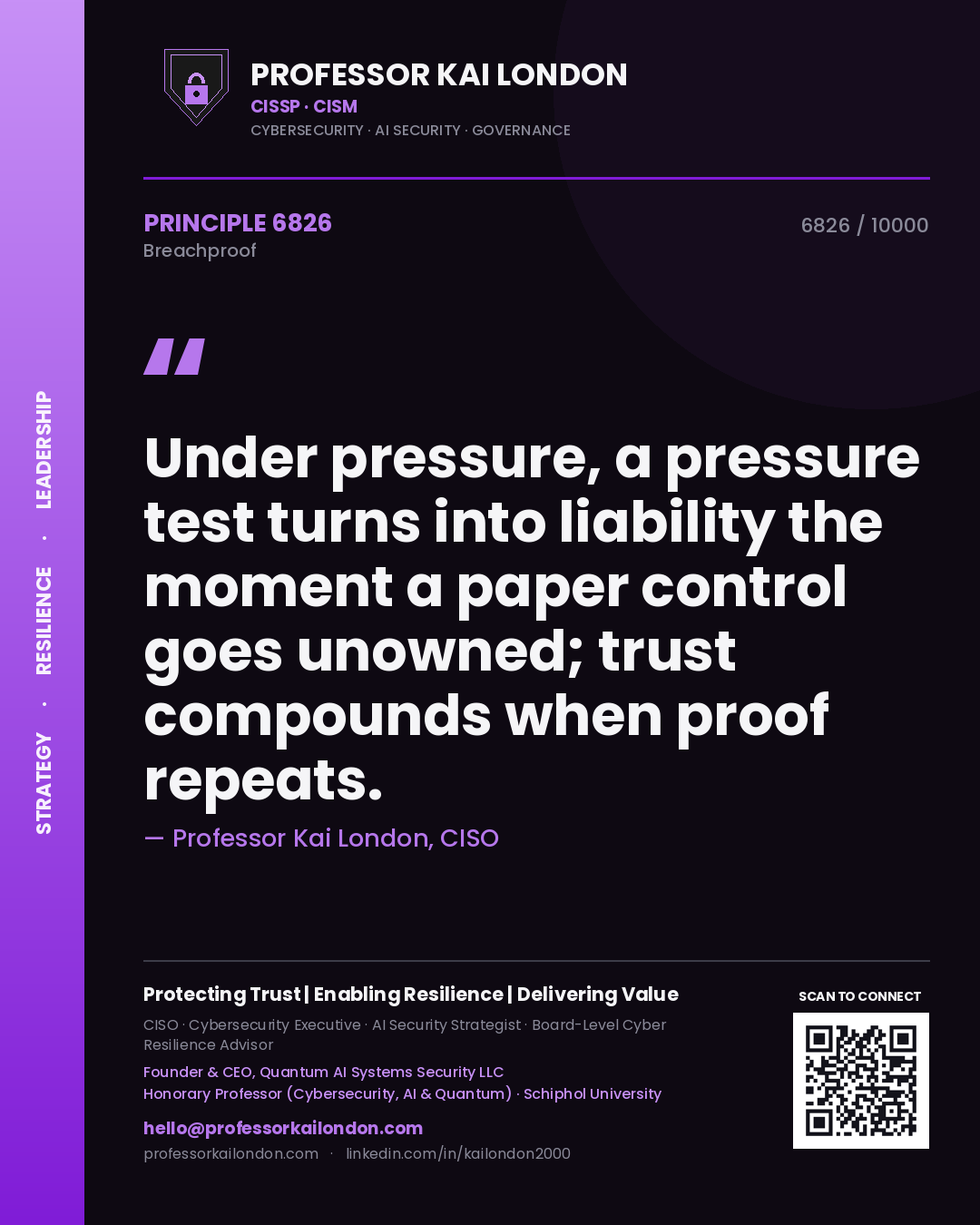 Quote card by Professor Kai London reading 'Under pressure, a pressure test turns into liability the moment a paper control goes unowned; trust compounds when proof repeats.'. From the book Breachproof.